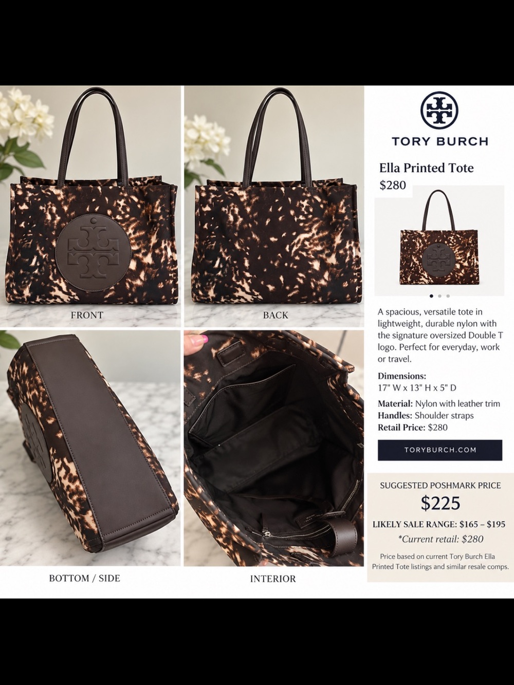 Tory Burch Brown and Black Ella Printed Nylon Tote with Leather Trim